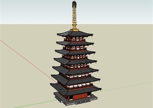 中国古典中式风格多层观景塔楼建筑SU(草图大师)模型