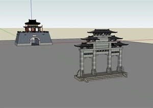 中国古典中式风格详细城门及牌坊门设计SU(草图大师)模型