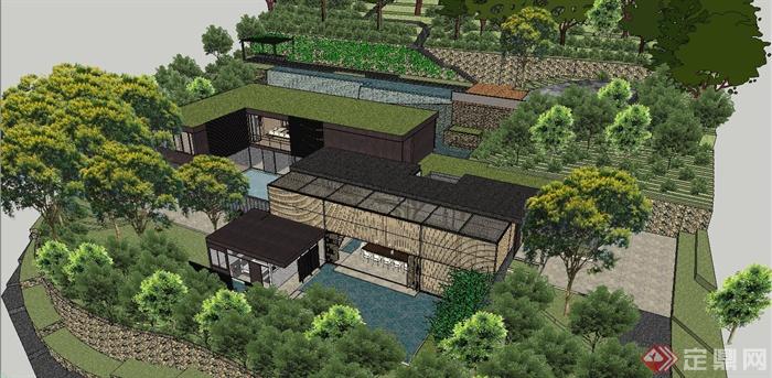 某现代中式风格精致林中独栋别墅建筑设计SU模型(1)