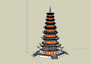 中国古典中式风格详细精致塔楼建筑设计SU(草图大师)模型