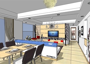 某现代风格家装客厅餐厅详细设计SU(草图大师)模型
