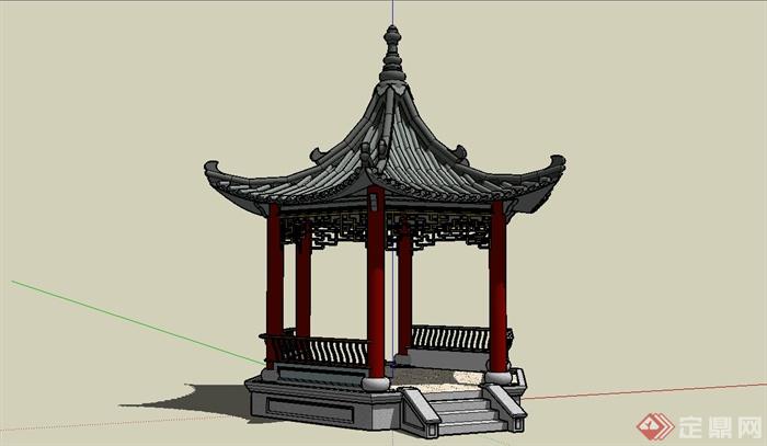 某精细古典中式风格六角亭设计SU模型(1)