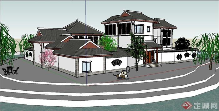 某现代中式风格滨海独栋别墅建筑设计SU模型(4)