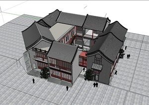 中国古典中式风格两层商业建筑楼SU(草图大师)模型