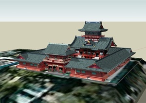 中国古典中式详细寺庙旅游建筑SU(草图大师)模型