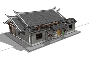 中国古典中式风格单层住宅楼建筑SU(草图大师)模型