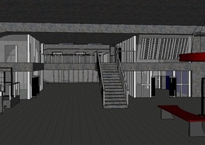 某二层咖啡馆室内设计SU(草图大师)模型（带建筑外观）