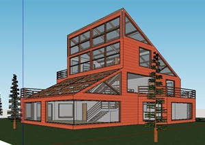 两栋现代办公楼工作室建筑设计SU(草图大师)模型