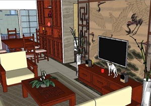 现代中式三室一厅室内装修SU(草图大师)模型