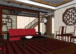中式复式住宅客厅室内装修SU(草图大师)模型