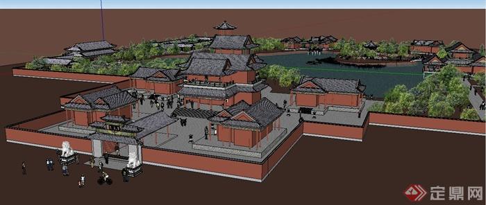 中式风格府邸古建筑及庭院景观设计su模型(2)