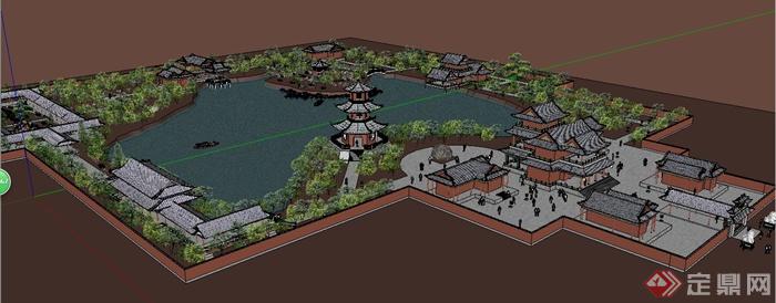 中式风格府邸古建筑及庭院景观设计su模型(5)