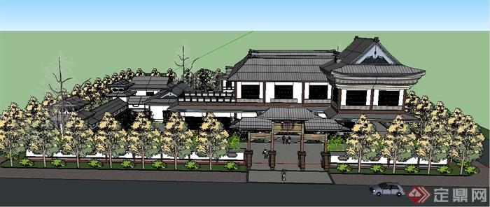 中式文化馆建筑及景观设计su模型(1)