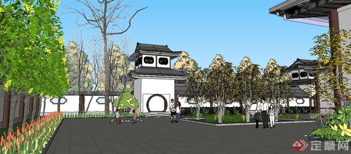 中式文化馆建筑及景观设计su模型(4)