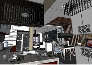 欧式风格家装客餐厅及厨房设计SU(草图大师)模型