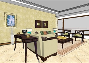 简约中式客厅、餐厅室内装修SU(草图大师)模型