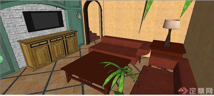 地中式风格复式住宅室内装修su模型(2)