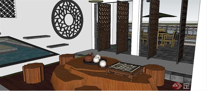 中式风格茶楼室内及建筑外观设计su模型(2)