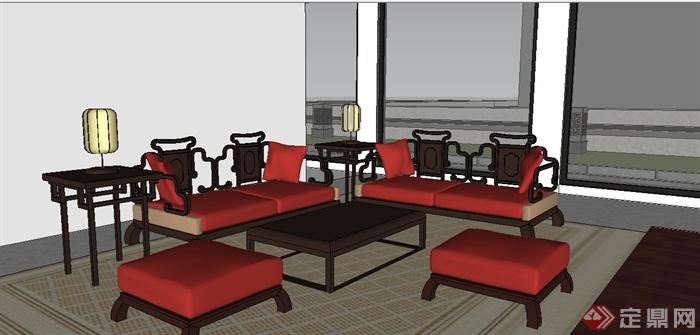 中式风格茶楼室内及建筑外观设计su模型(4)