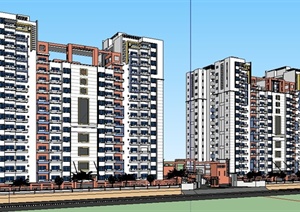 现代小高层住宅楼及大门设计SU(草图大师)模型