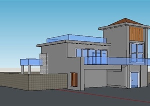 简约二层小别墅建筑SU(草图大师)模型（带泳池）