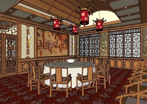 中式宴会厅室内装修SU(草图大师)模型