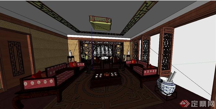 中式书房及客厅室内设计su模型(1)