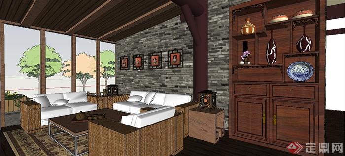 中式风格单层餐厅室内及建筑外观设计su模型(1)