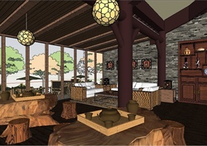 中式风格单层餐厅室内及建筑外观设计SU(草图大师)模型