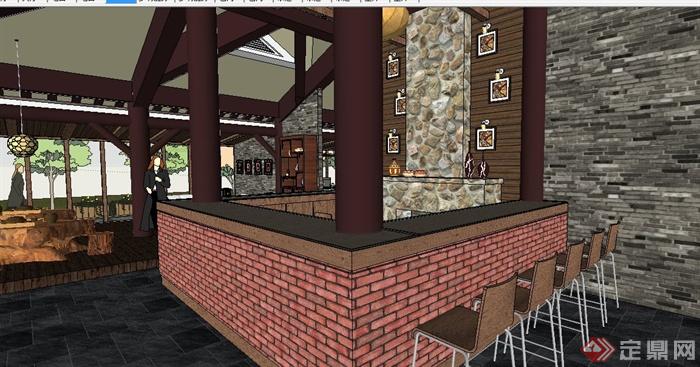 中式风格单层餐厅室内及建筑外观设计su模型(3)