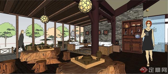 中式风格单层餐厅室内及建筑外观设计su模型(2)