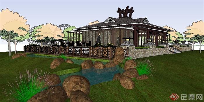 中式风格单层餐厅室内及建筑外观设计su模型(6)