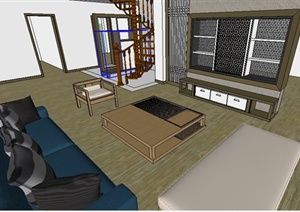 新中式风格复式住宅客厅室内装修SU(草图大师)模型
