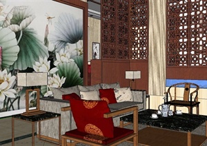 某现代中式风格住宅空间室内装饰设计SU(草图大师)模型