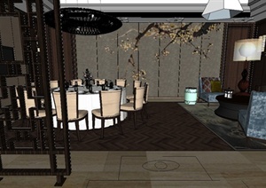 某现代中式风格餐厅包间室内装饰设计SU(草图大师)模型