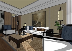 简约中式客厅及卧室室内装修SU(草图大师)模型