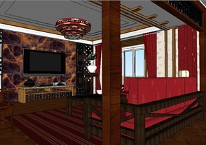 中式风格复式住宅客厅室内装修SU(草图大师)模型