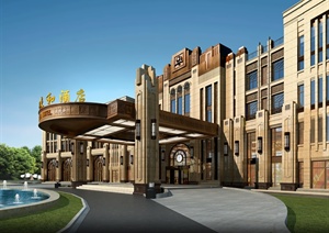 新古典风格酒店立面建筑设计SU(草图大师)模型（带效果图）