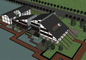 某现代中式风格精致滨水会所建筑设计SU(草图大师)模型