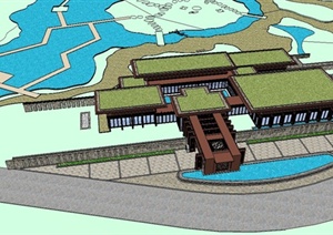 某精美现代中式风格滨水会所建筑设计SU(草图大师)模型