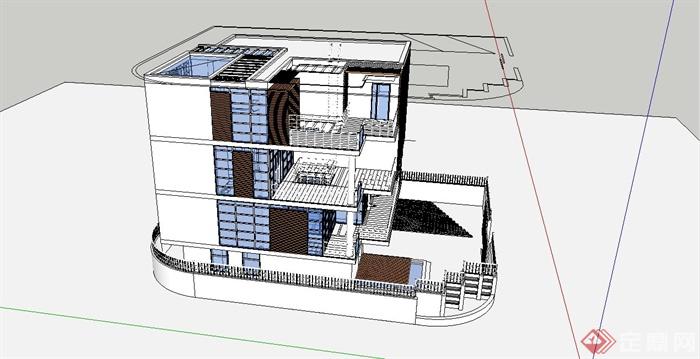 某现代风格简约独栋别墅住宅建筑设计SU模型(2)