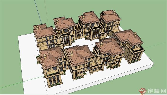 某简约欧式风格联排别墅住宅建筑设计SU模型(4)