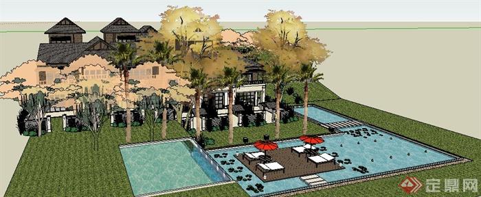 新古典风格会所及泳池景观su模型(3)