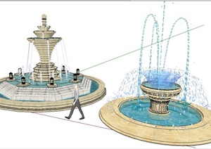 两款圆形喷泉水池设计SU(草图大师)模型
