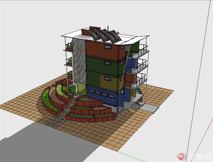 现代风格以集装箱为元素的宾馆建筑SU模型(3)