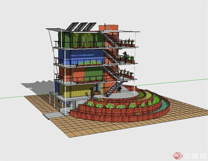 现代风格以集装箱为元素的宾馆建筑SU模型(2)