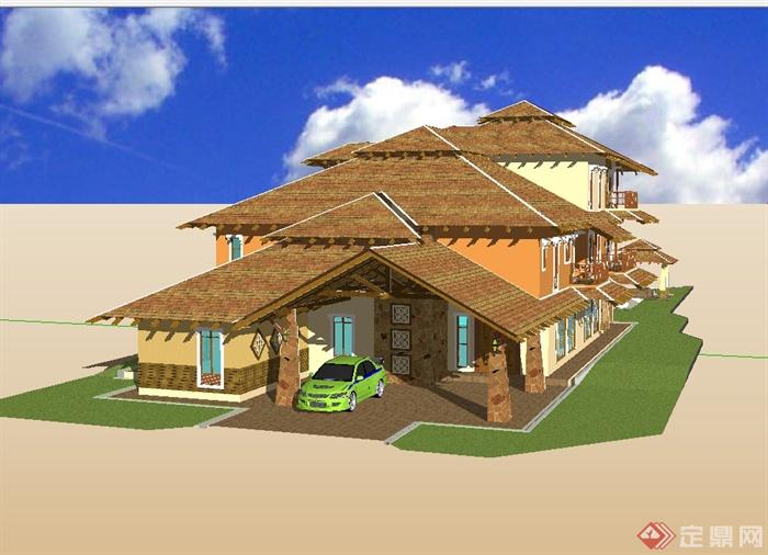 东南亚风格详细私人别墅建筑设计SU模型(1)