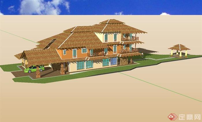 东南亚风格详细私人别墅建筑设计SU模型(2)