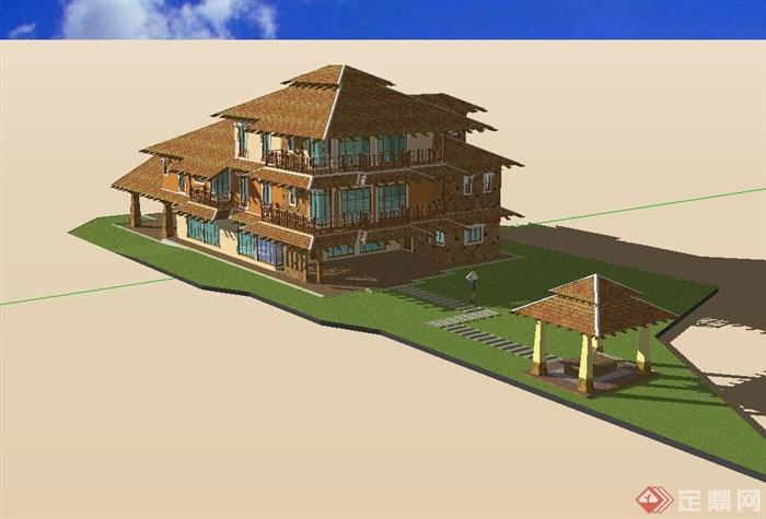 东南亚风格详细私人别墅建筑设计SU模型(3)