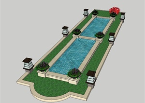 某现代风格小区入口中庭水池设计SU(草图大师)模型